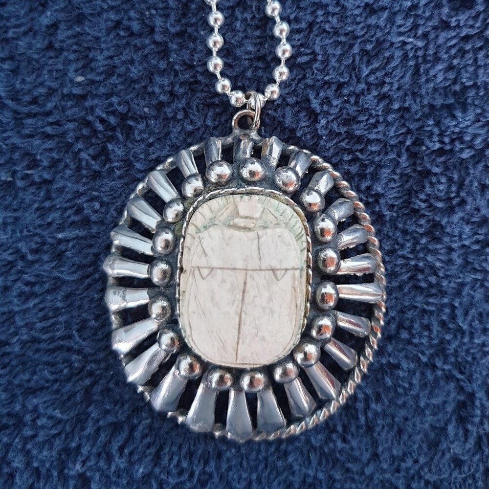 Rare Bold Vintage PLUX Italy 925 Silver Egyptian Revival Scarab Pendant Necklace